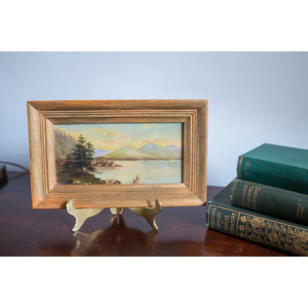 Antique Framed Landscape Mountain Lake Sunset Pine Trees Distressed Wood Frame